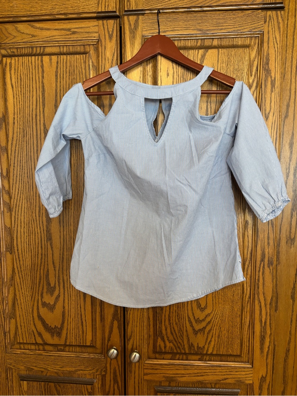 White House Black Market Light Blue Cold-Shoulder Keyhole Blouse